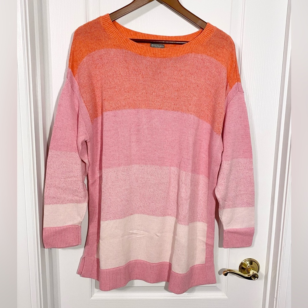 T By Talbots Colorblock Stripe Knit Tunic Sweater Pink Coral Cotton Size 1X